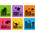 A set of 6 colourful barcodes with integrated illustrations