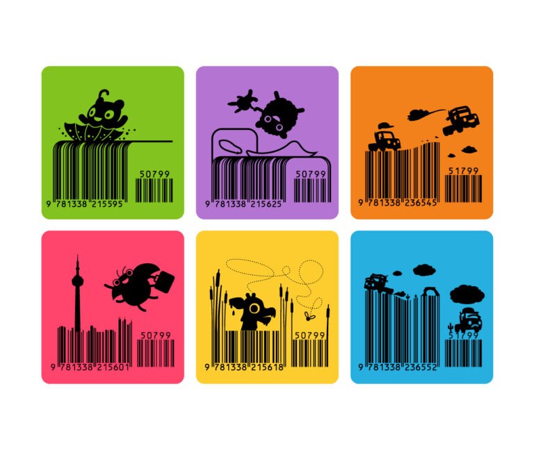 A set of 6 colourful barcodes with integrated illustrations
