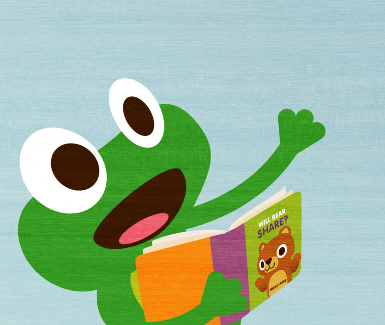 a frog reading emphatically