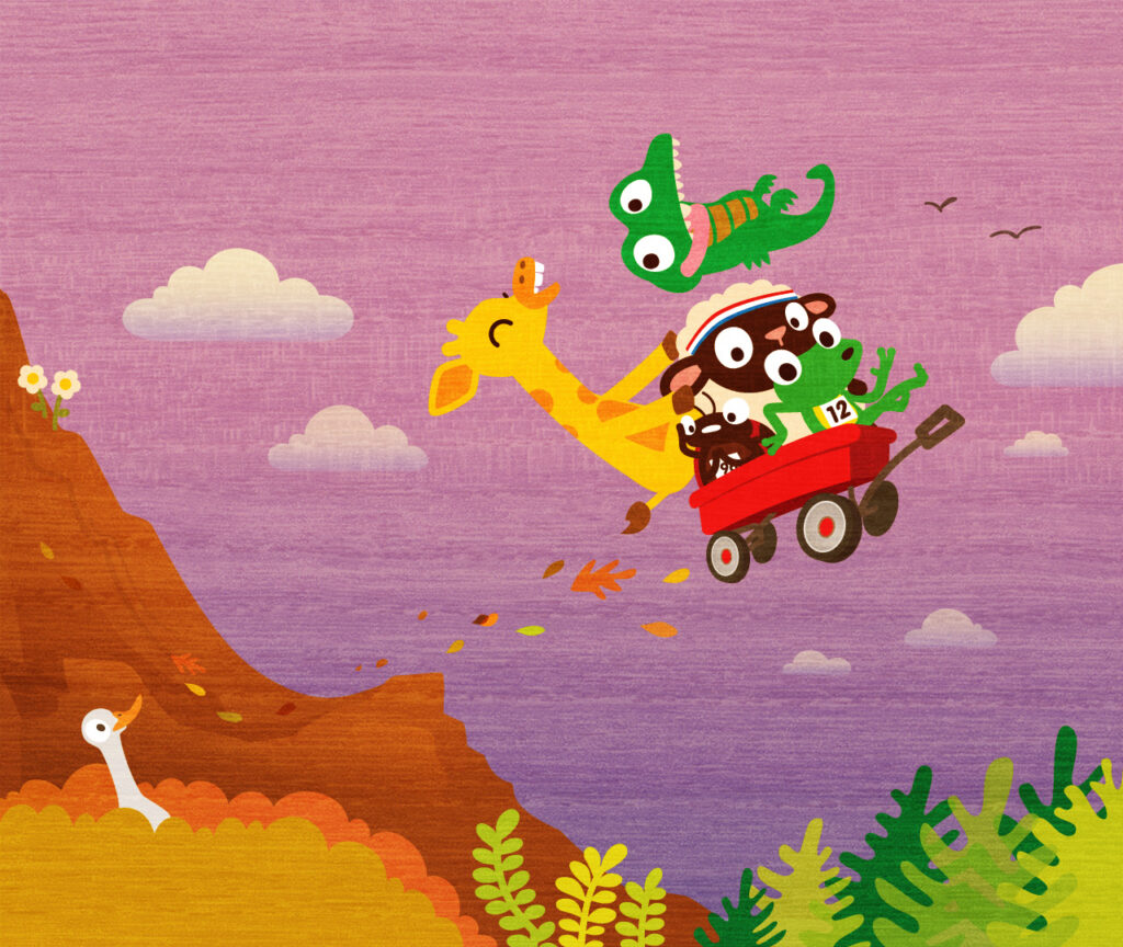 A wagon with colourful crew of animals in it, flying through the air