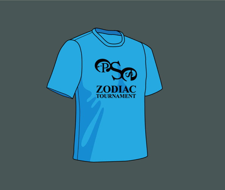 blue t-shirt with a zodiac symbol printed on the front